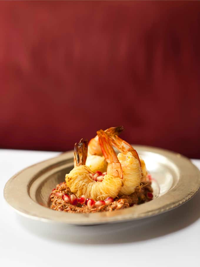 Crunchy prawns with walnut muhammara (kadayifli karides) 