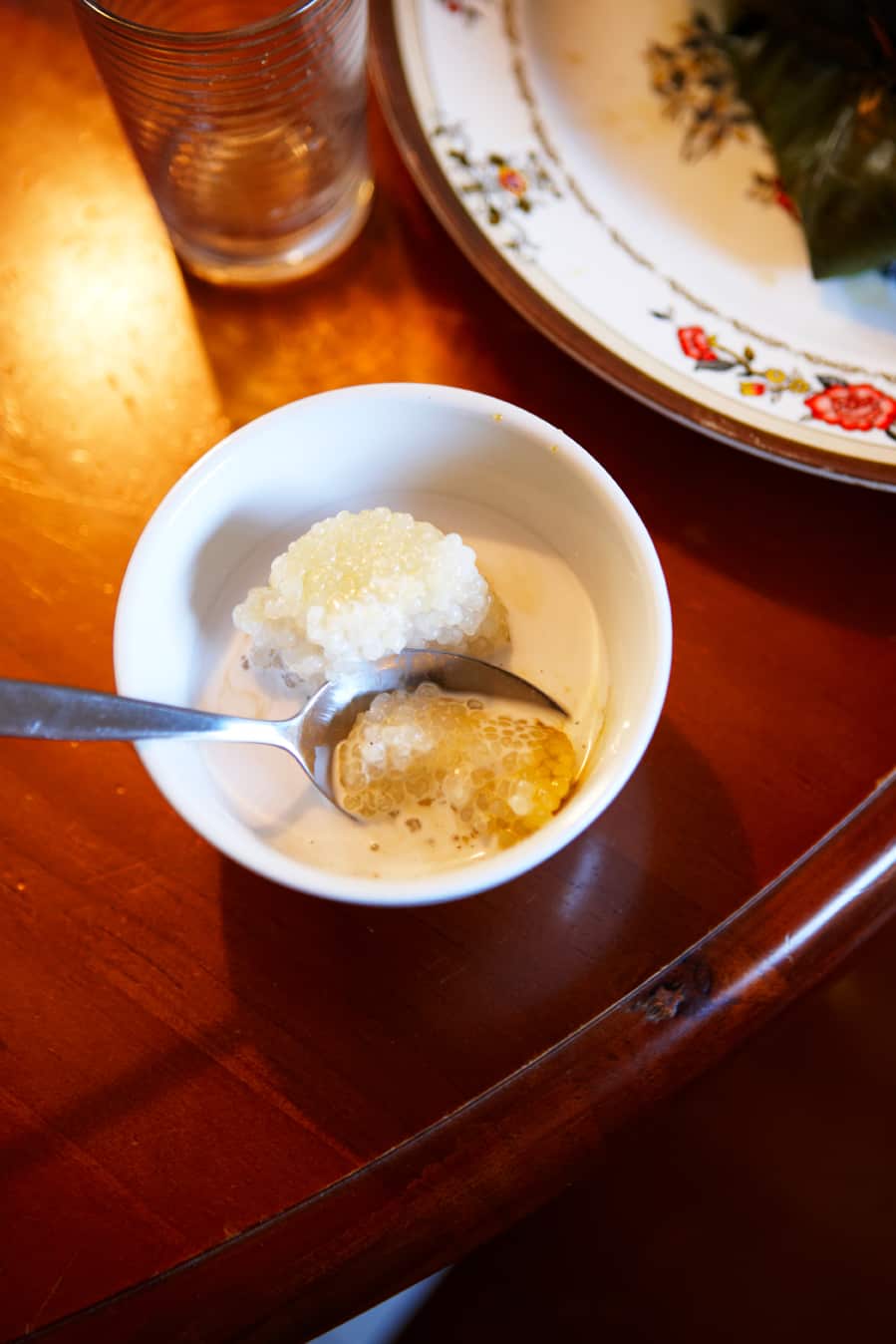 Chilled sago with palm sugar syrup (sago gula Melaka)