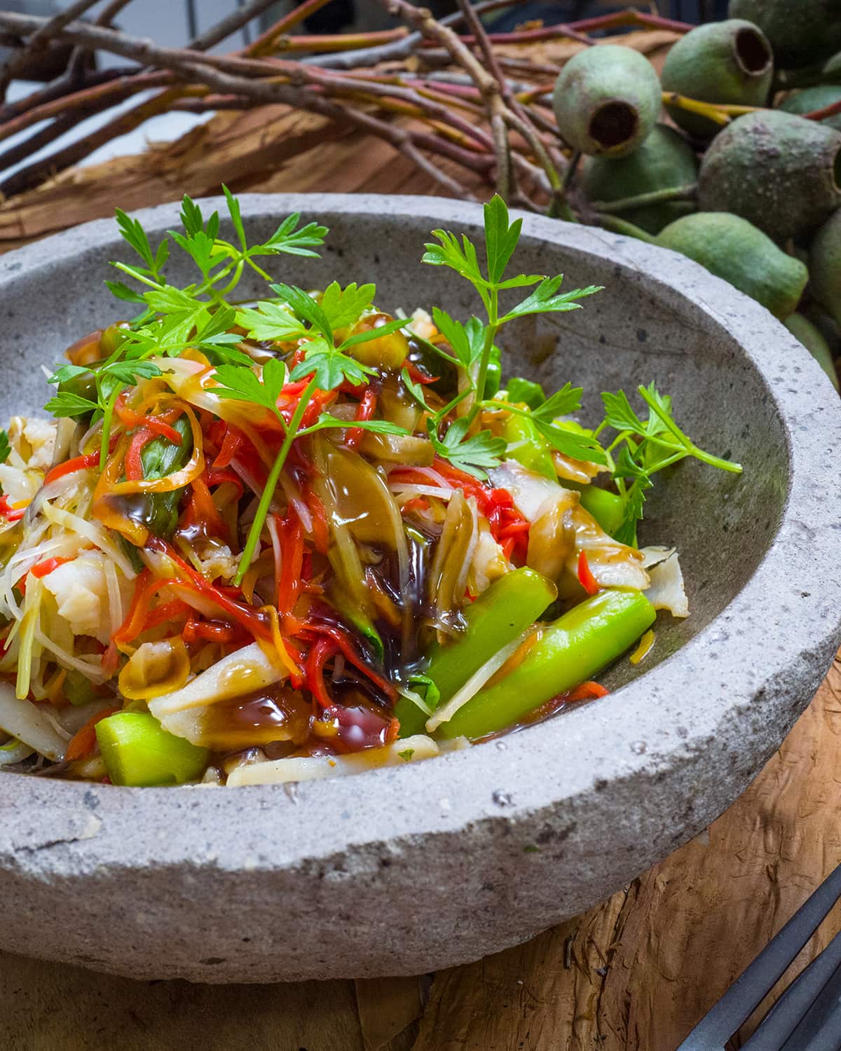 Abalone with spaghetti vegetables