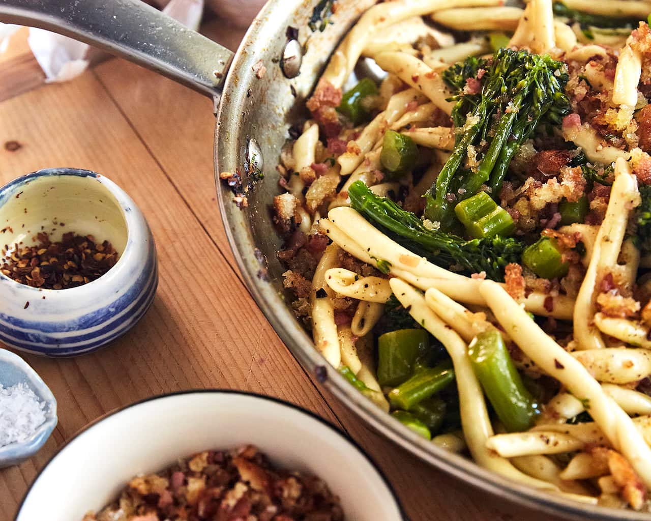 Aglio olio e peperoncino pasta with broccolini and streaky bacon pangrattato