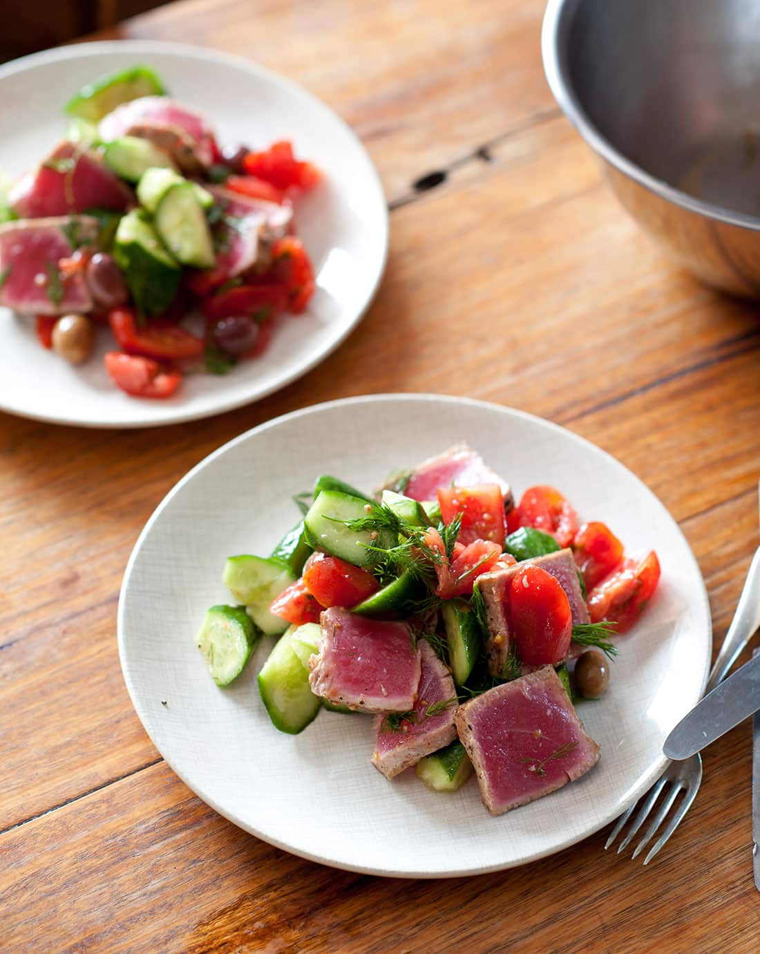 Albacore tuna, tomato and cucumber salad with dill and olives