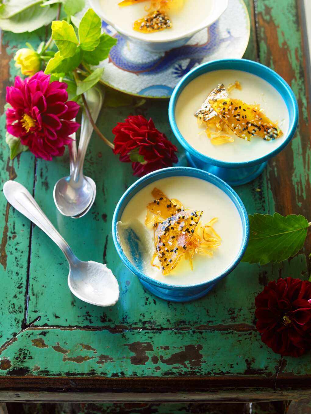 Almond milk puddings with sesame praline