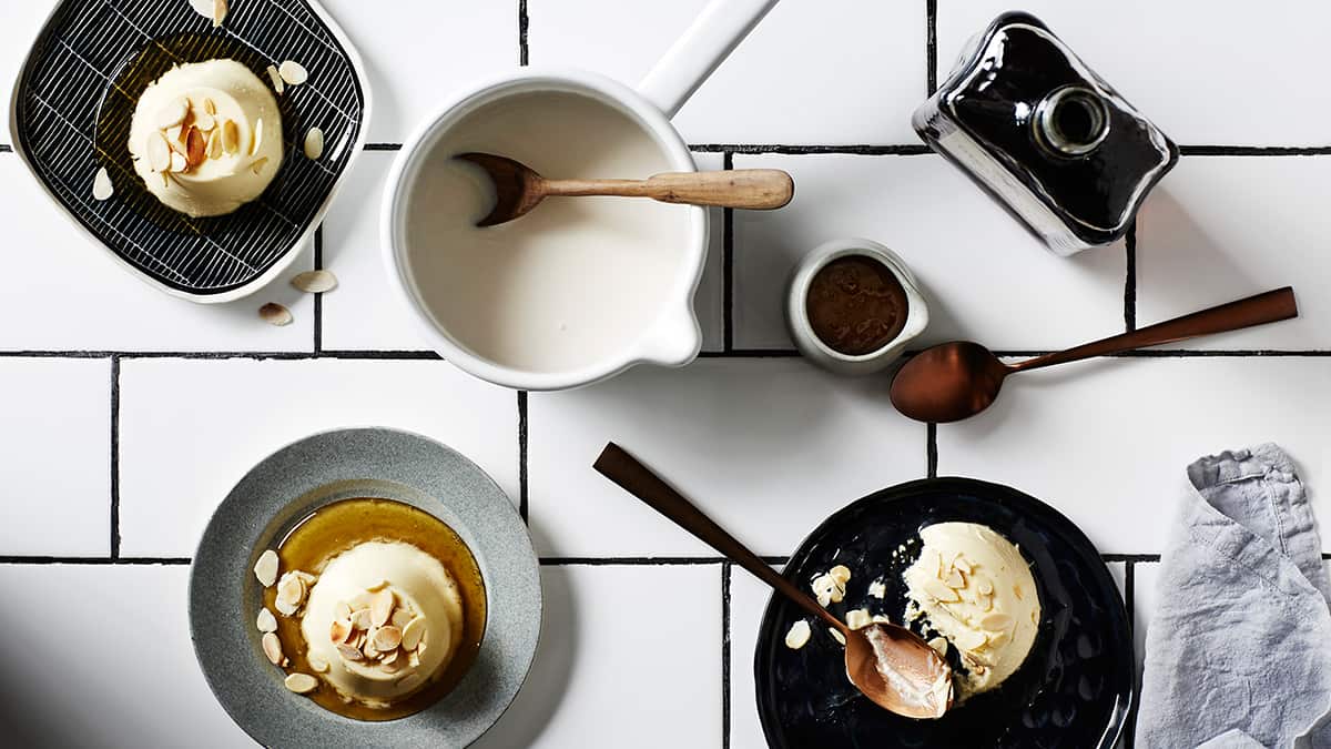 Almond milk panna cotta with ameretto caramel