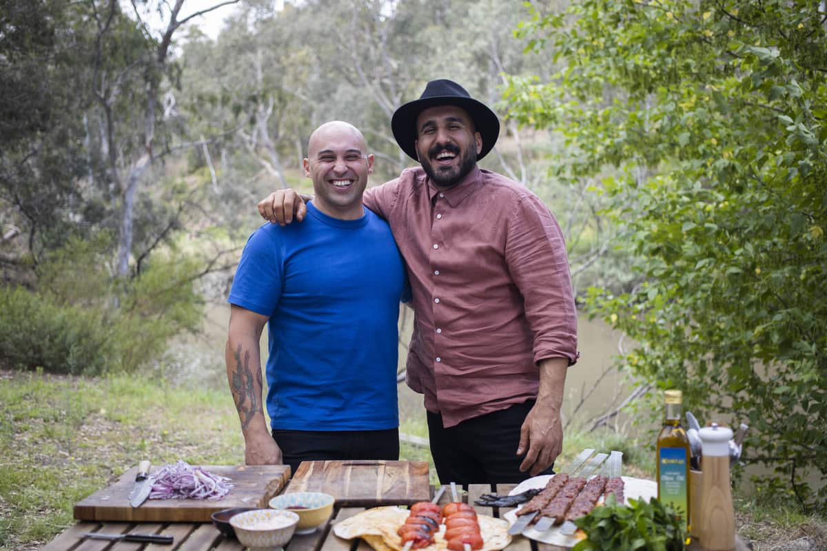 Shane Delia (left) with Emir Ukur. Together they cook Middle Eastern BBQ featuring kebabs.