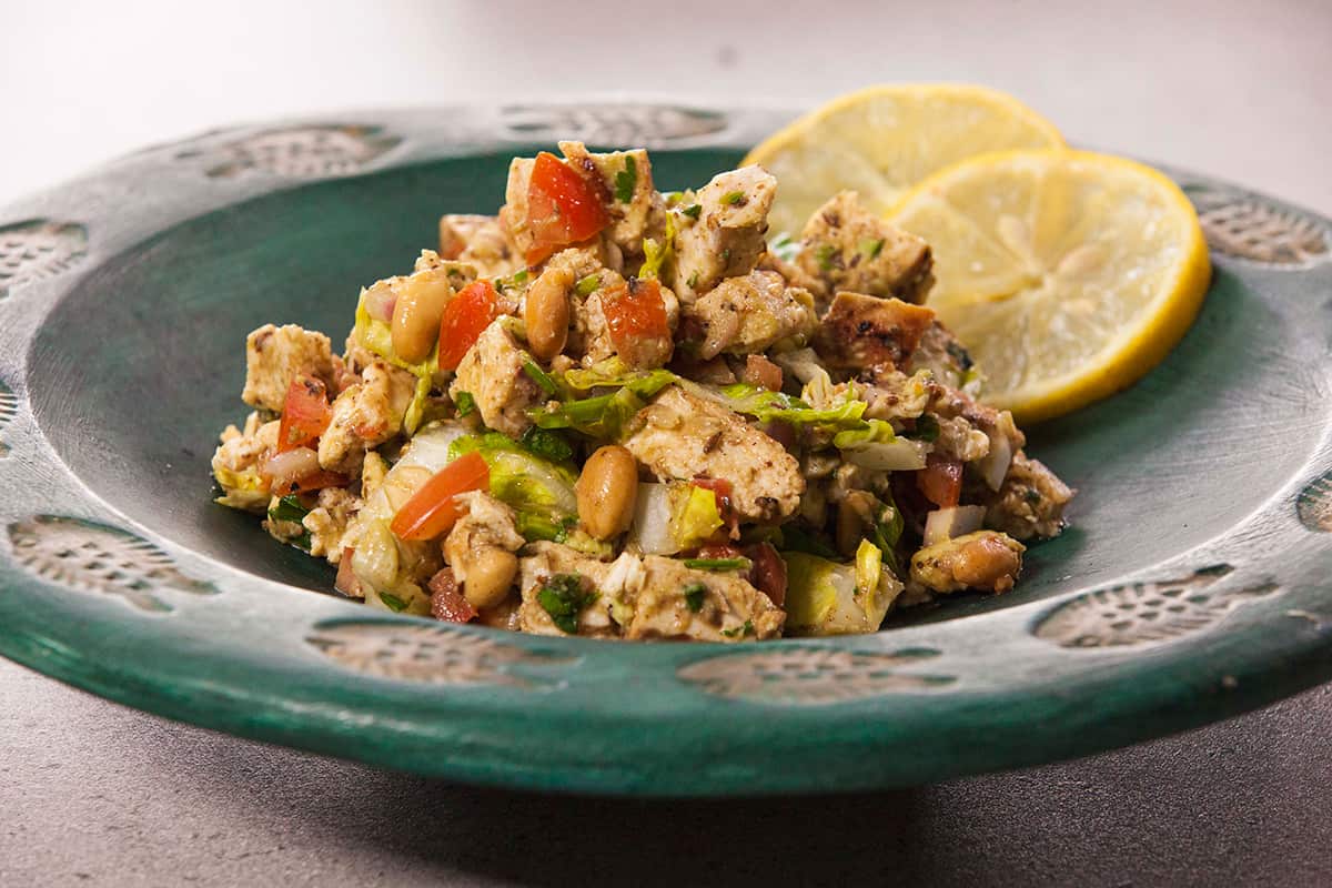 Griddled chopped chicken salad (Murgh chaat)