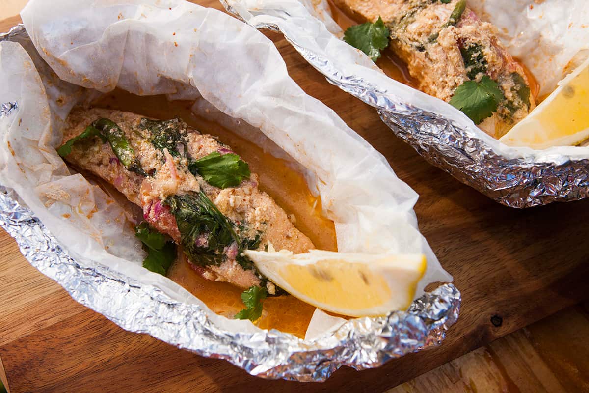 Tandoori grilled salmon parcels