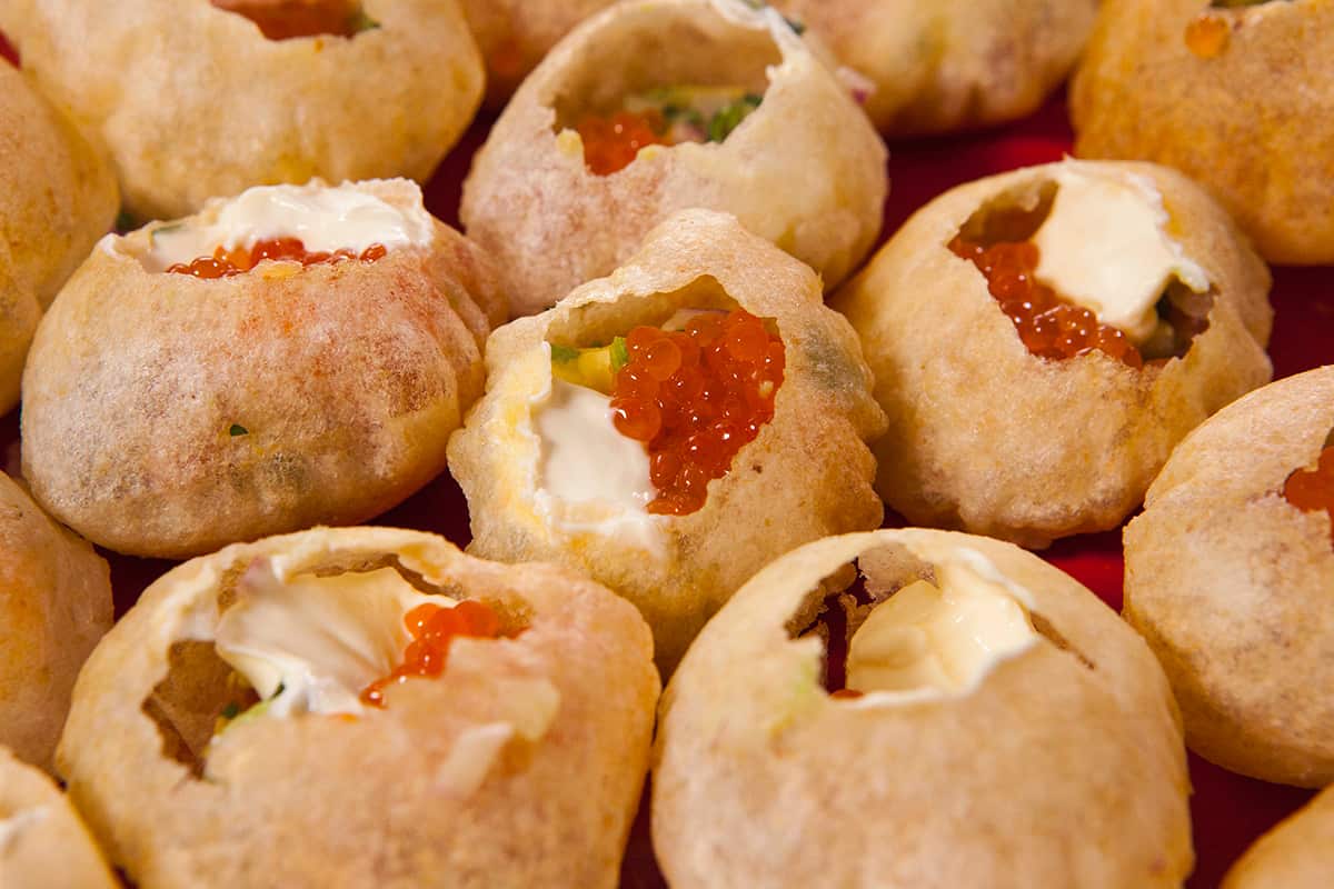 Salmon roe and avocado pani puri