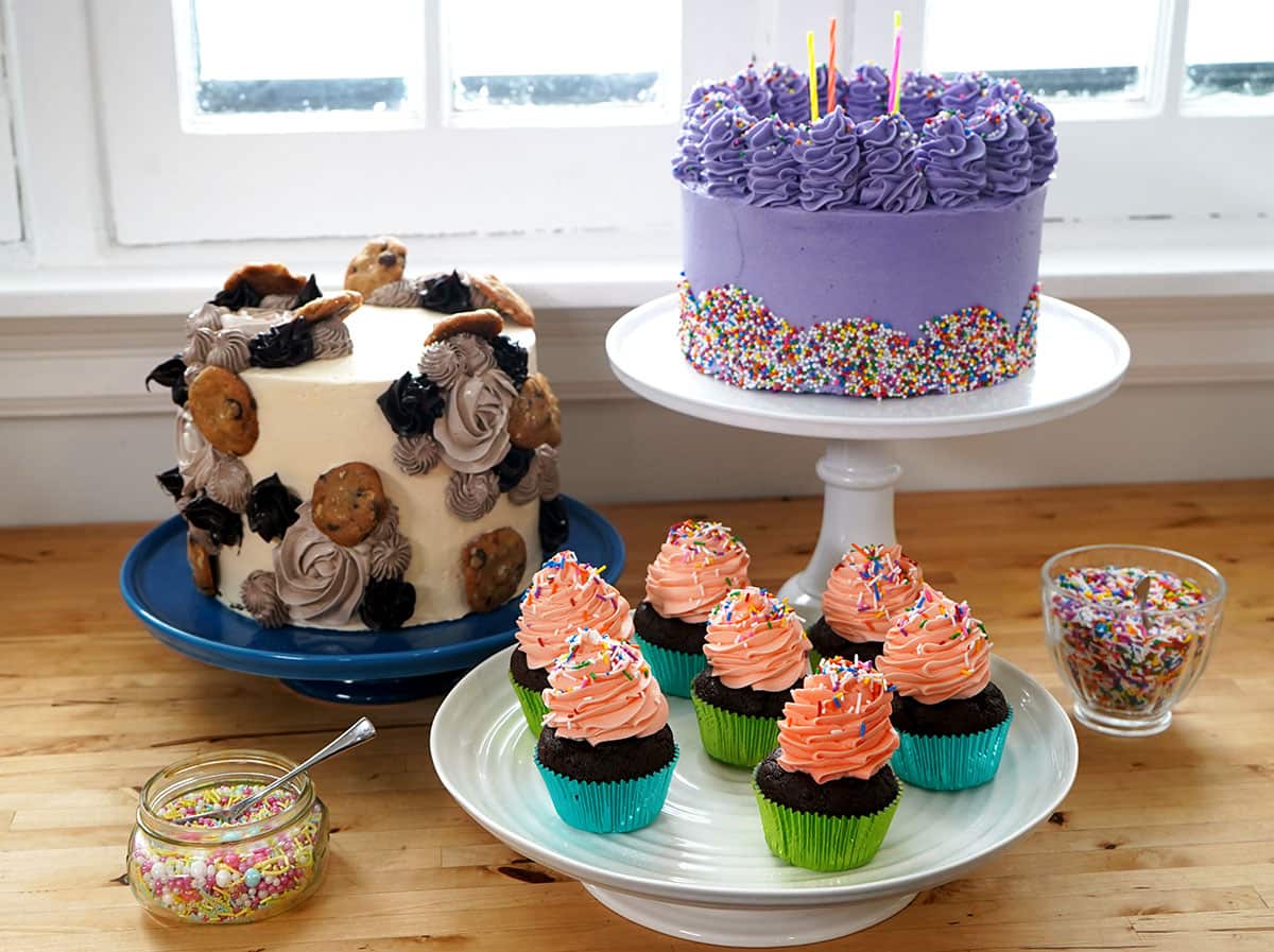 Cakes from the Kids Part episode including chocolate chip cookie cake and confetti cake and cupcakes
