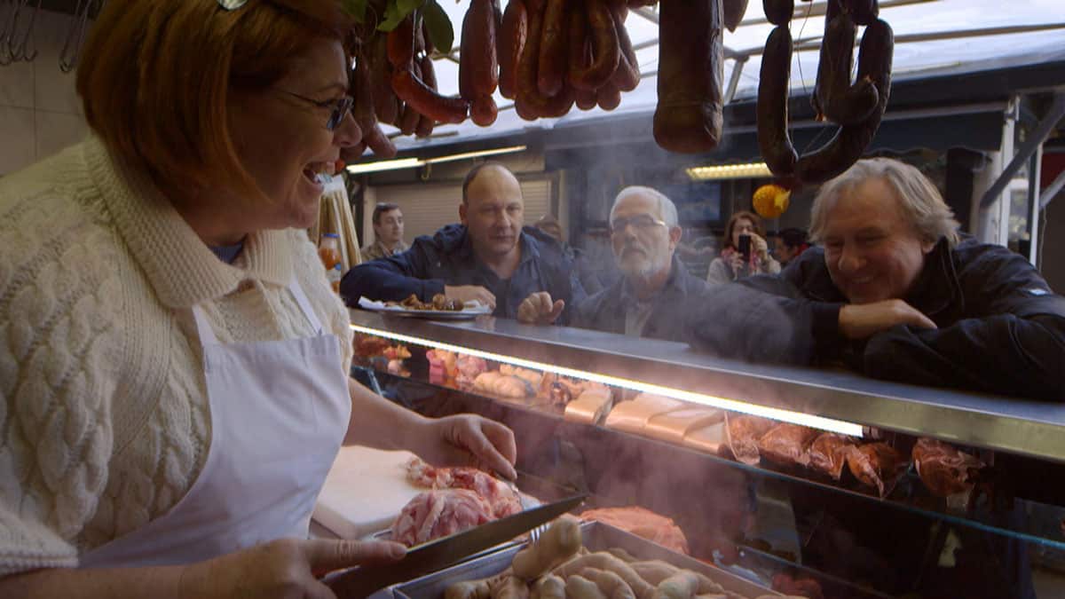 Laurent Audiot, Jose de Silva and Gerard Depardieu at a  market in POrtugal