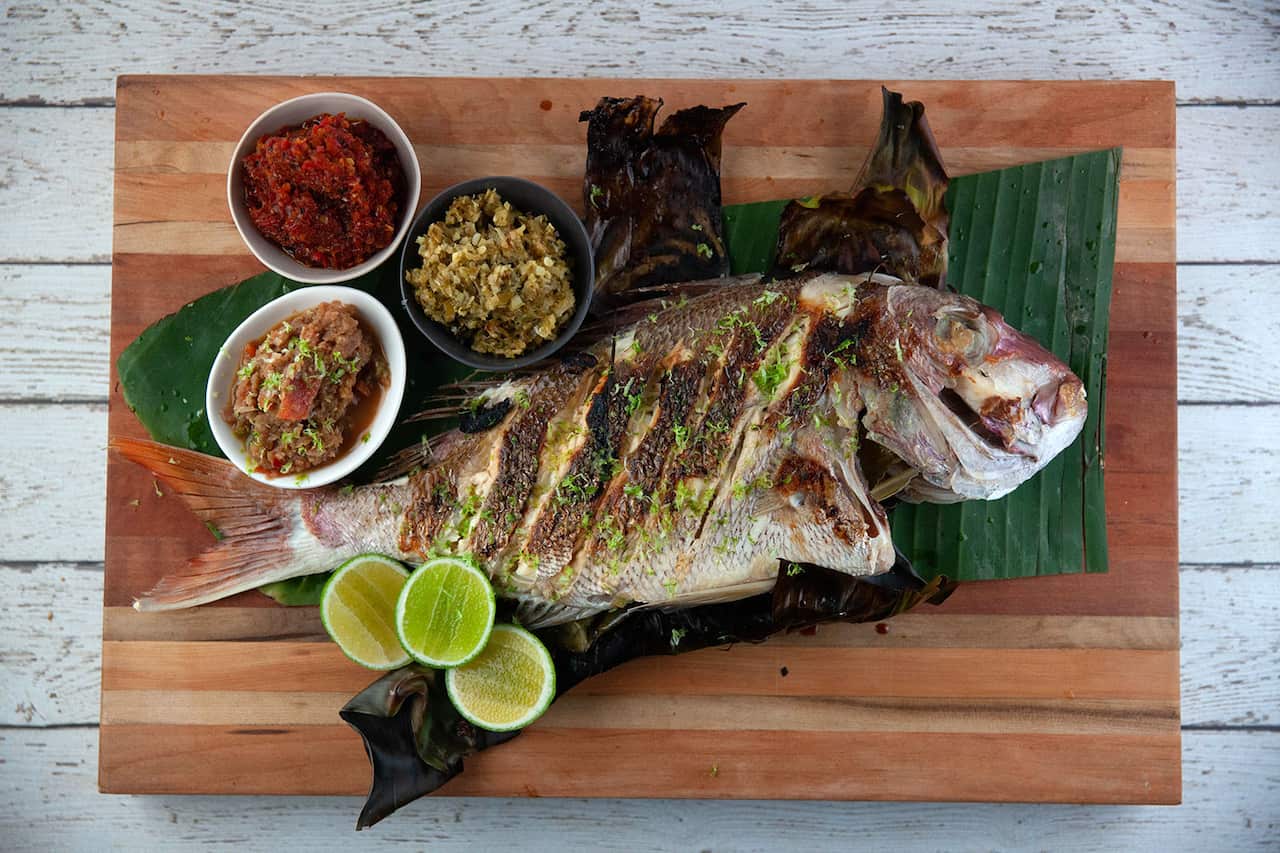 Grilled fish with sambal matah, hijau and balado