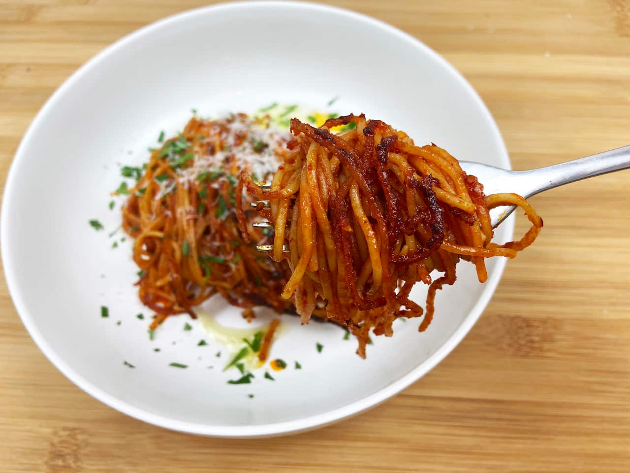 Assassin's spaghetti on fork