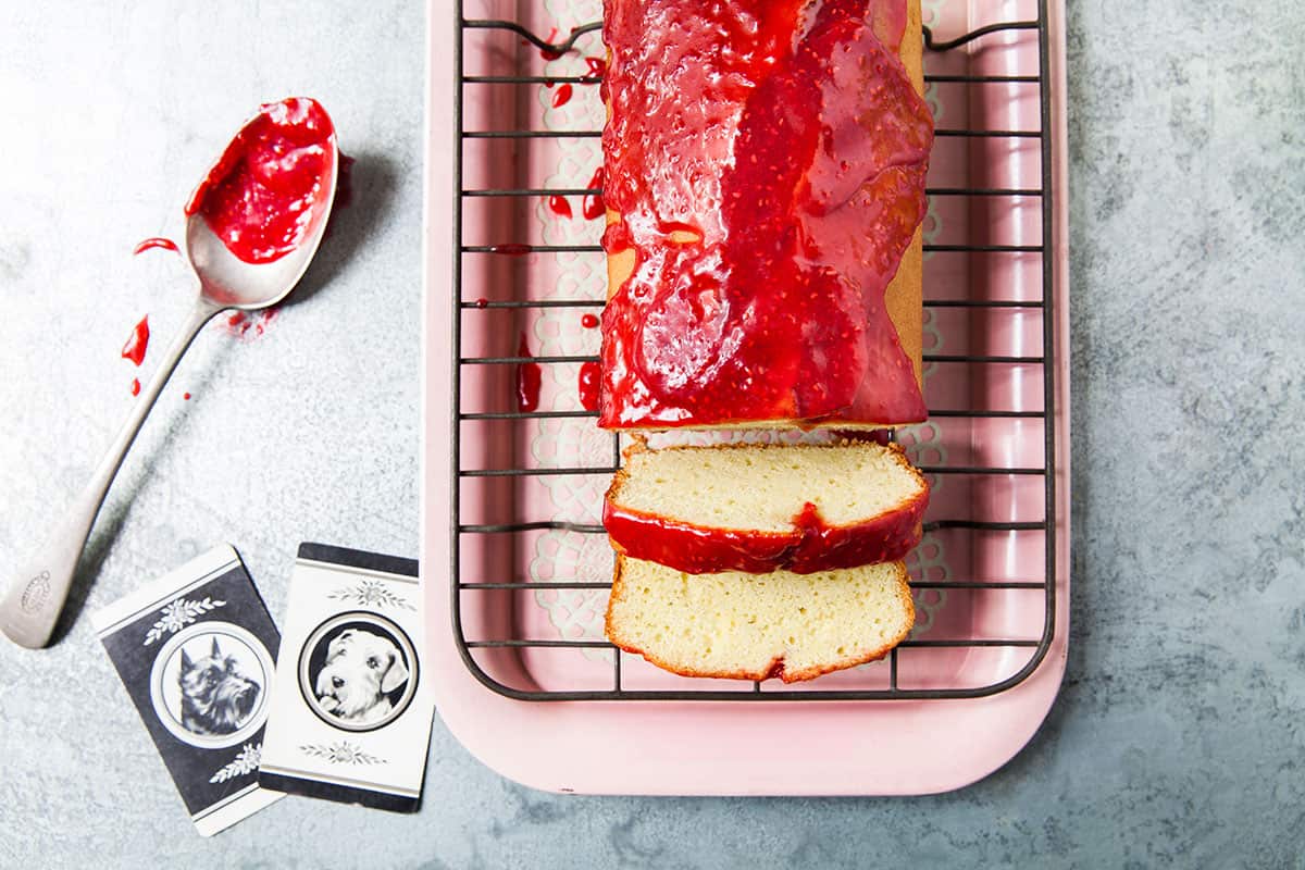Avocado loaf with raspberry glaze