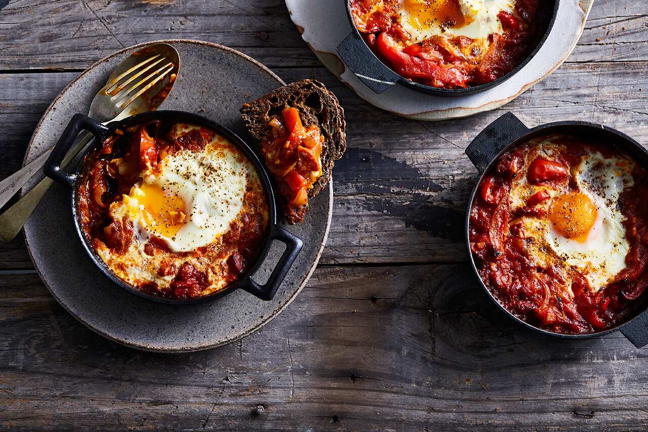 Baked red capsicum with chorizo and egg