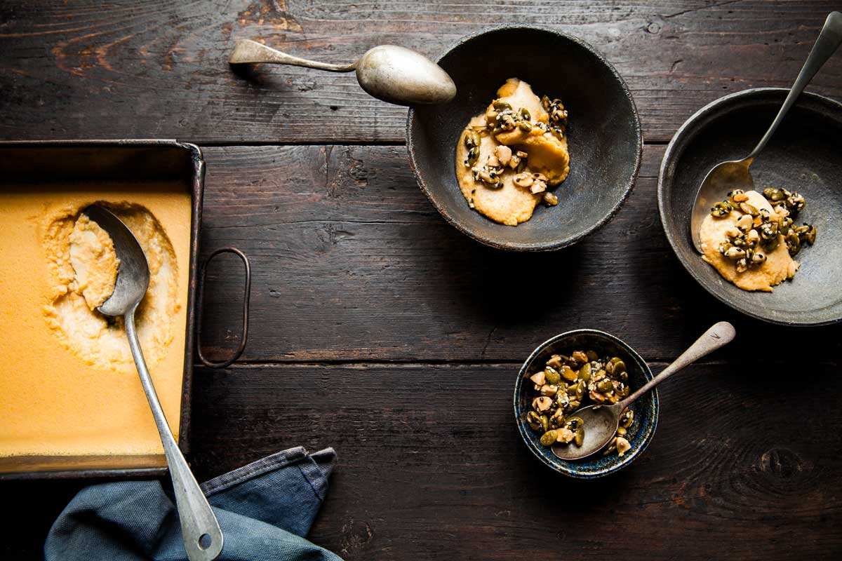 Baked pumpkin custard with honey and pepitas