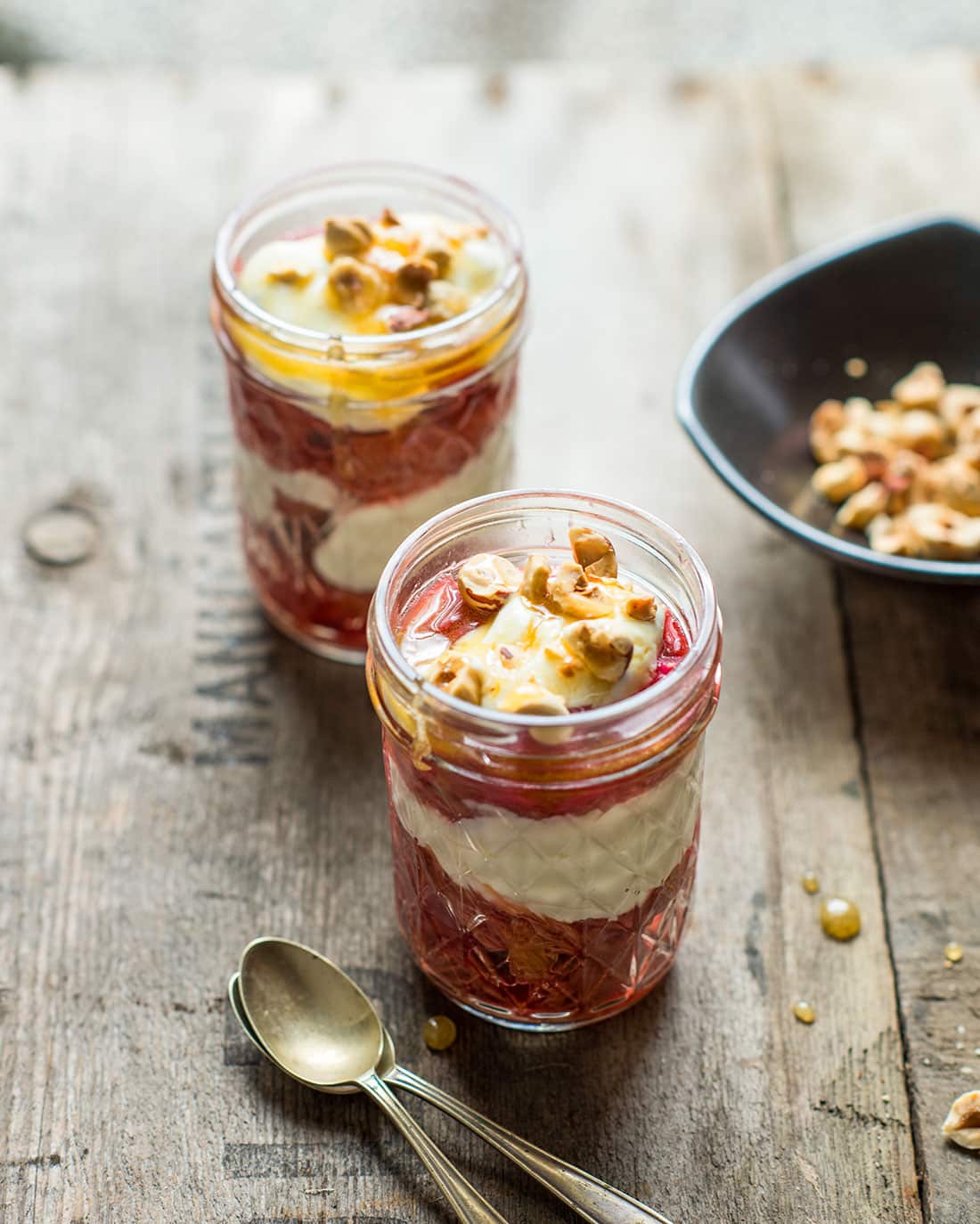 Baked rhubarb with drained yoghurt, hazelnuts and honey