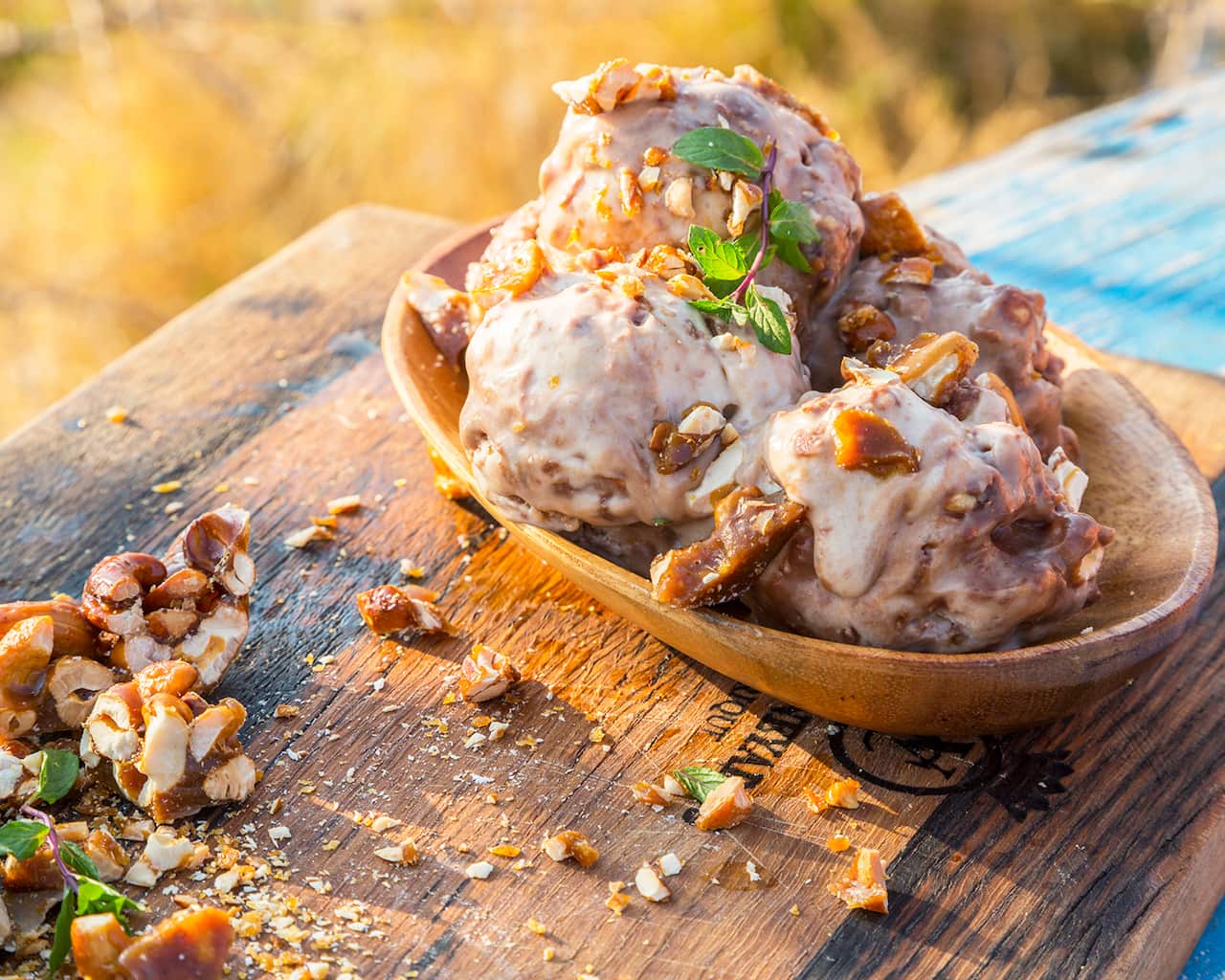 Banana and peanut butter ice cream with cashew brittle