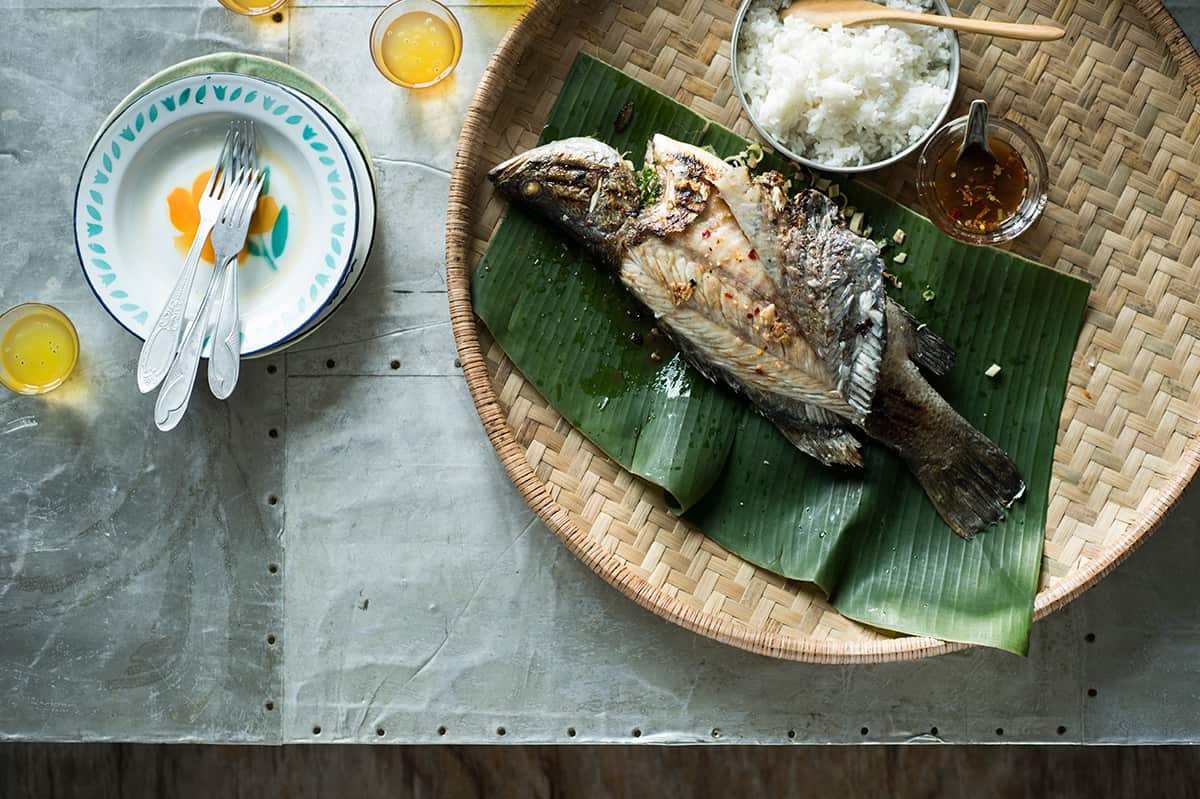 Whole fish covered in salt & chargrilled