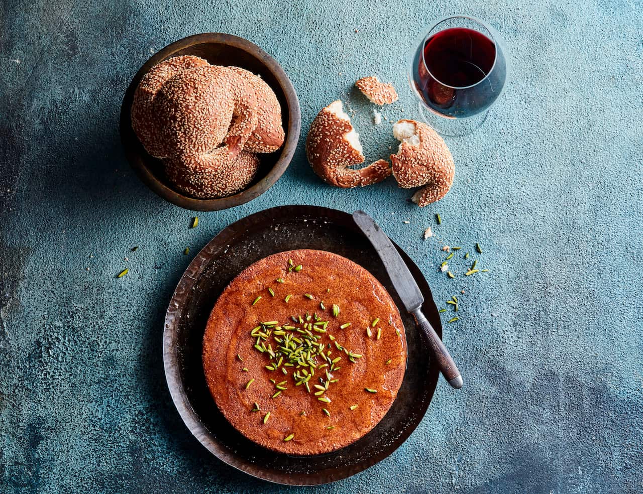 Dany Karam serves knafeh with a sesame bun – so you can scoop the bread through the dessert's semolina crust and syrupy topping.
