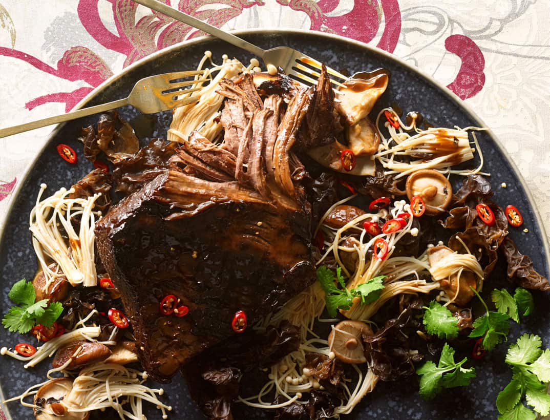 Barbecue brisket with shiitake glaze and stir-fried mushrooms
