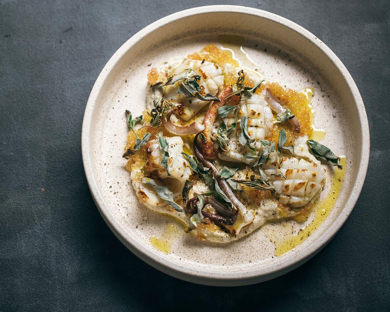 Barbecued squid and macadamia tarator