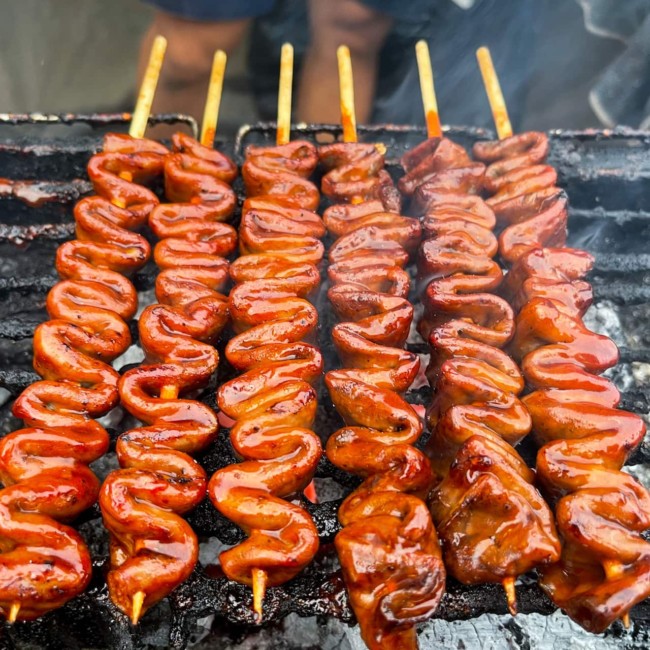 Barkada Pinoy's grilled small pork intestines fresh off the grill.