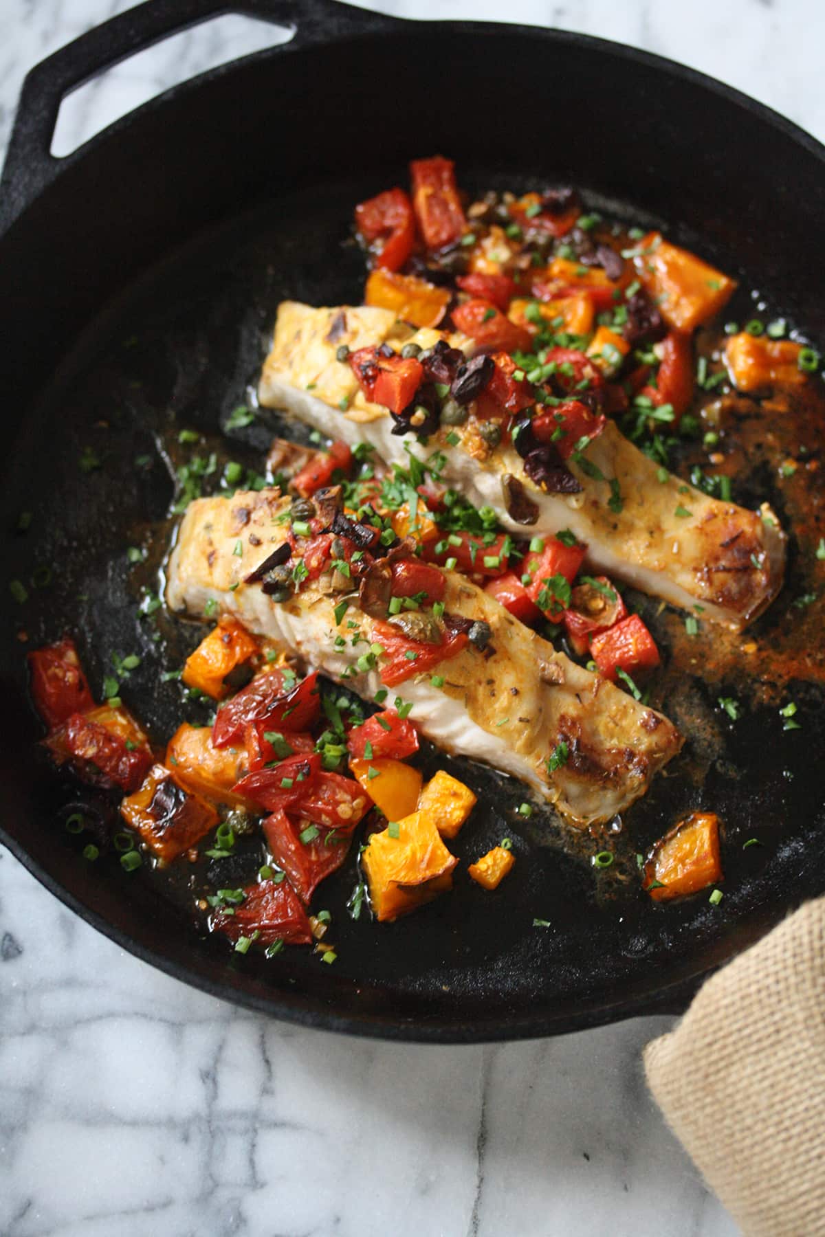 Grilled fish with Provencal tomatoes and olives