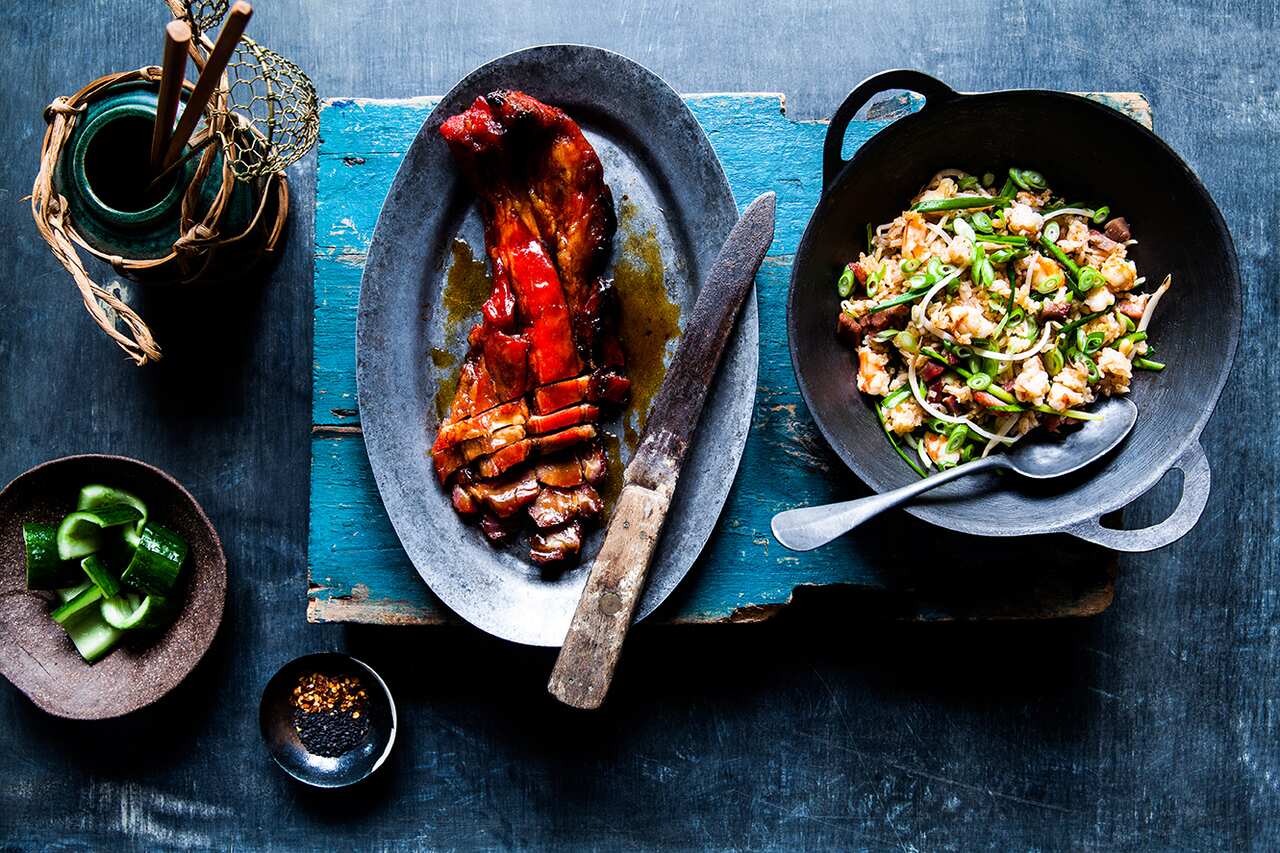 Barbecue pork with prawn fried rice
