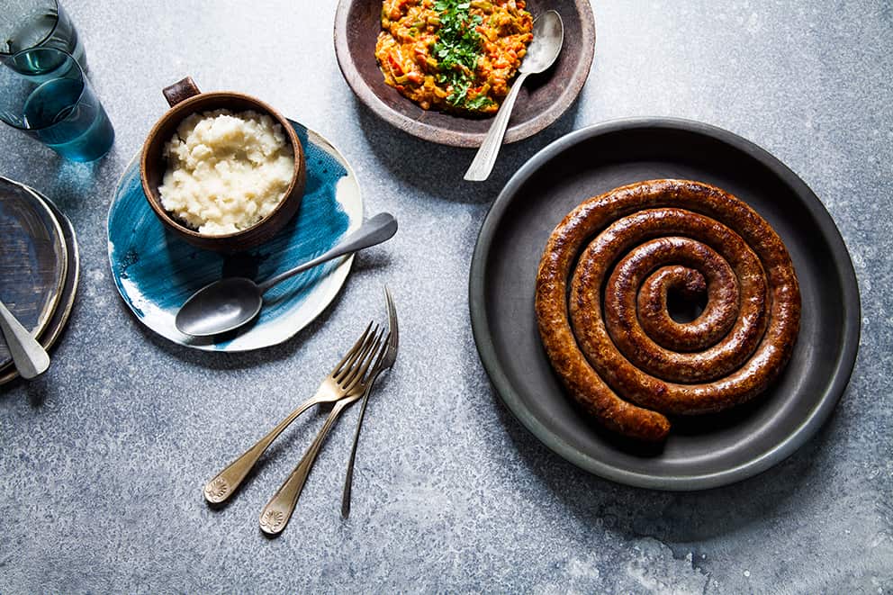 Beef and blood boerewors with pap and sheba