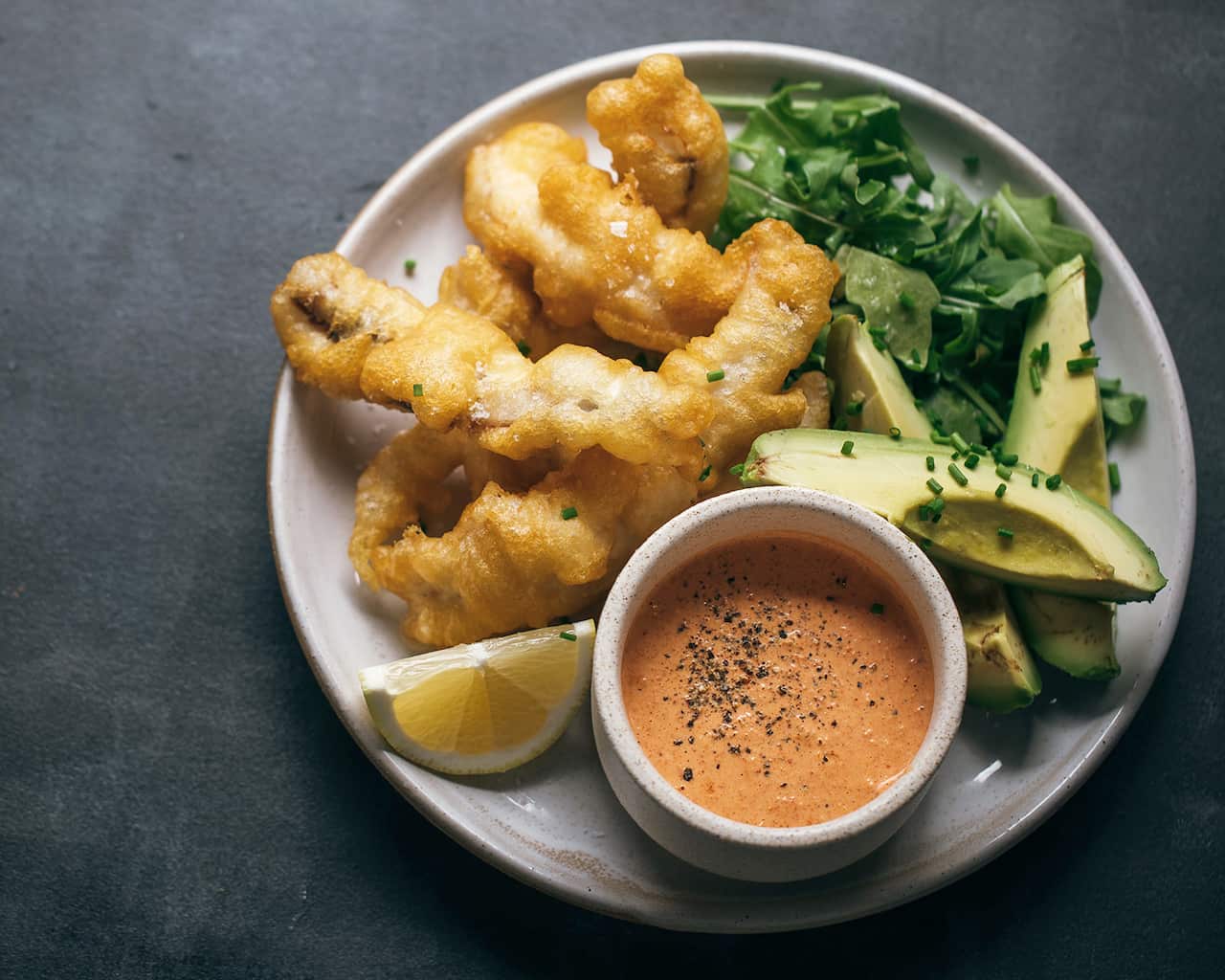Beer-battered flathead with sauce Andalouse