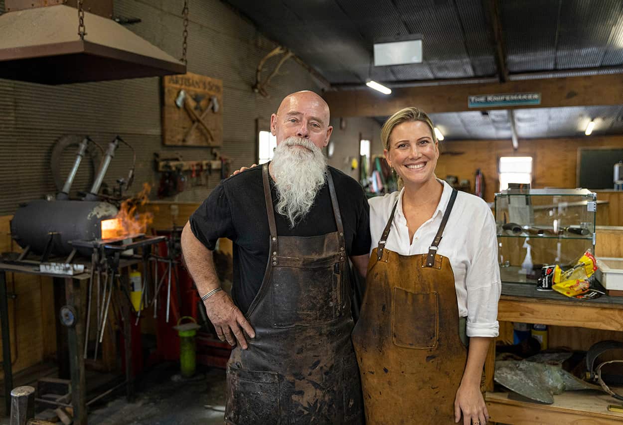 Justine Schofield with knifemaker Barry Gardner with