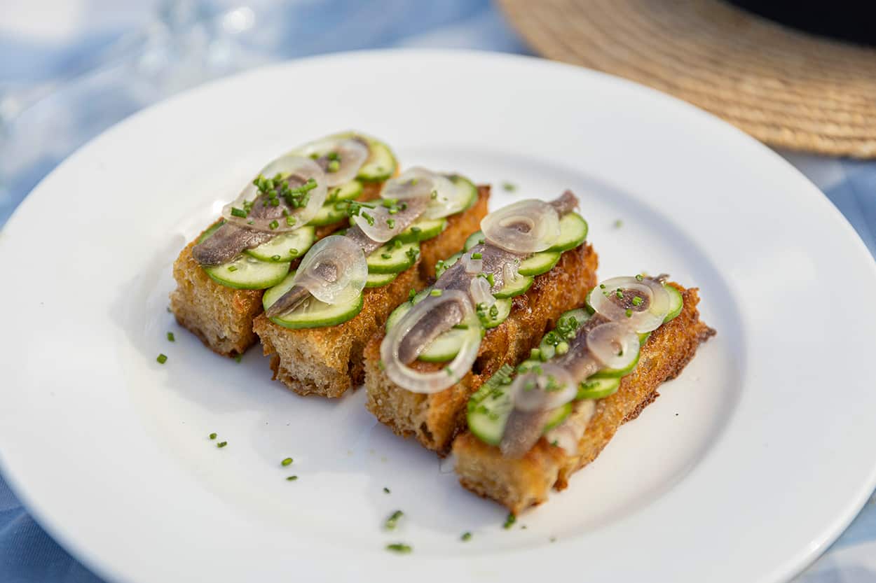 Cucumber and anchovy tartine