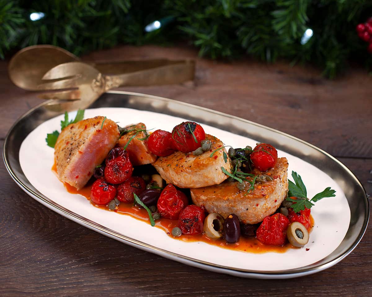 Swordfish with capers, olives and tomatoes