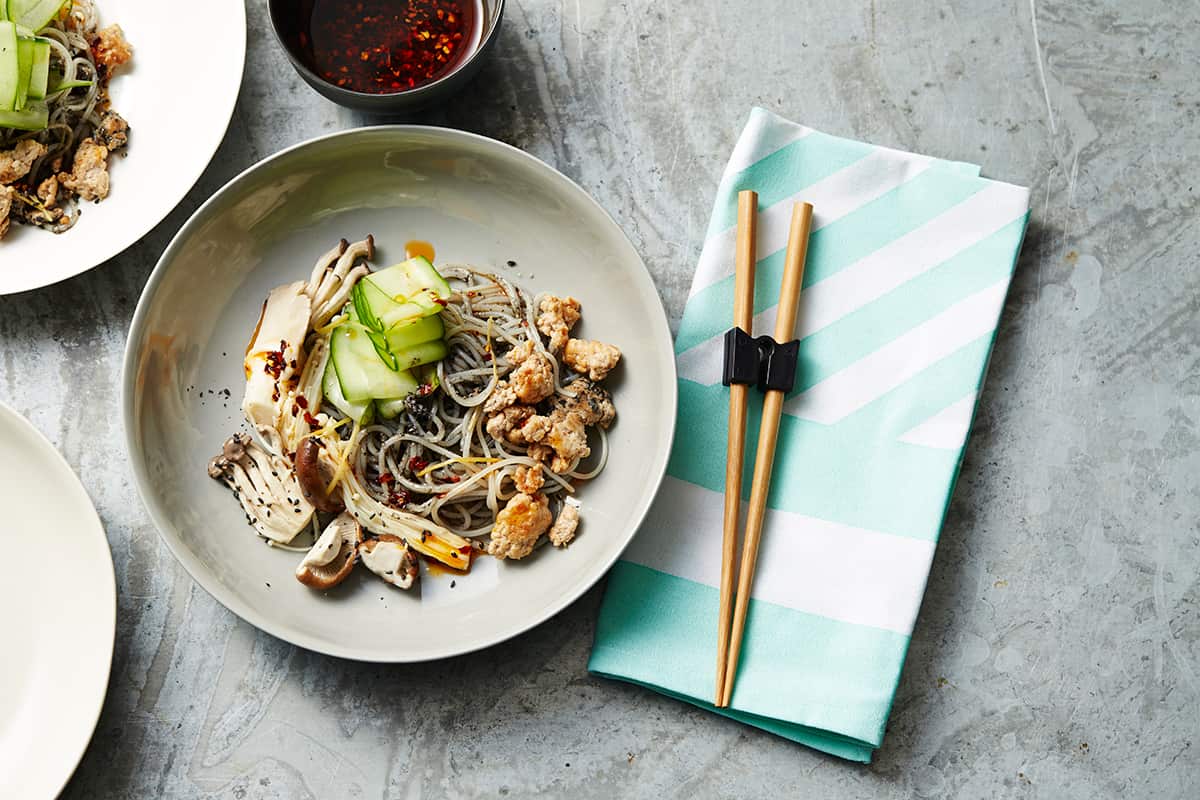 Black sesame rice noodles with pork and pickled mushrooms