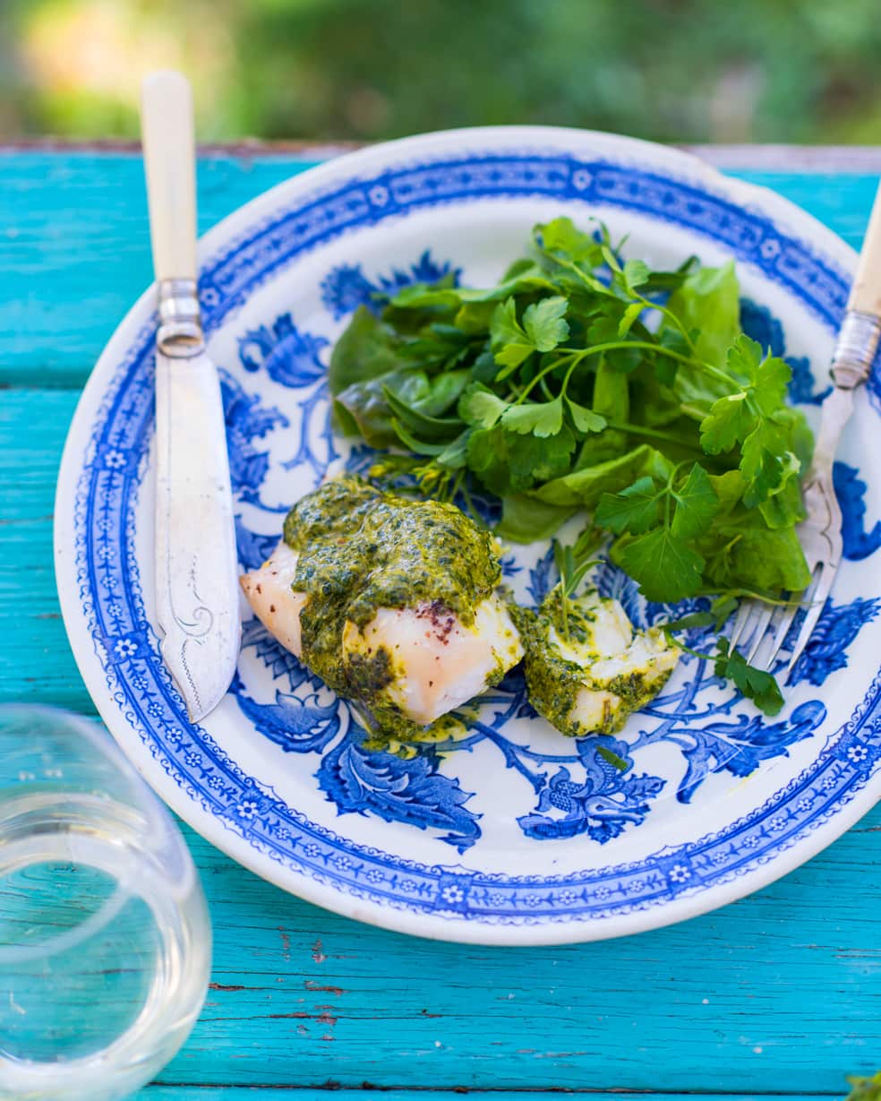 Roast blue-eye with walnut and coriander sauce