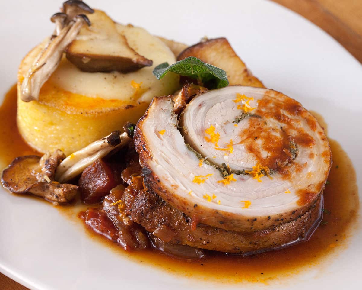 Tomato braised veal roulade