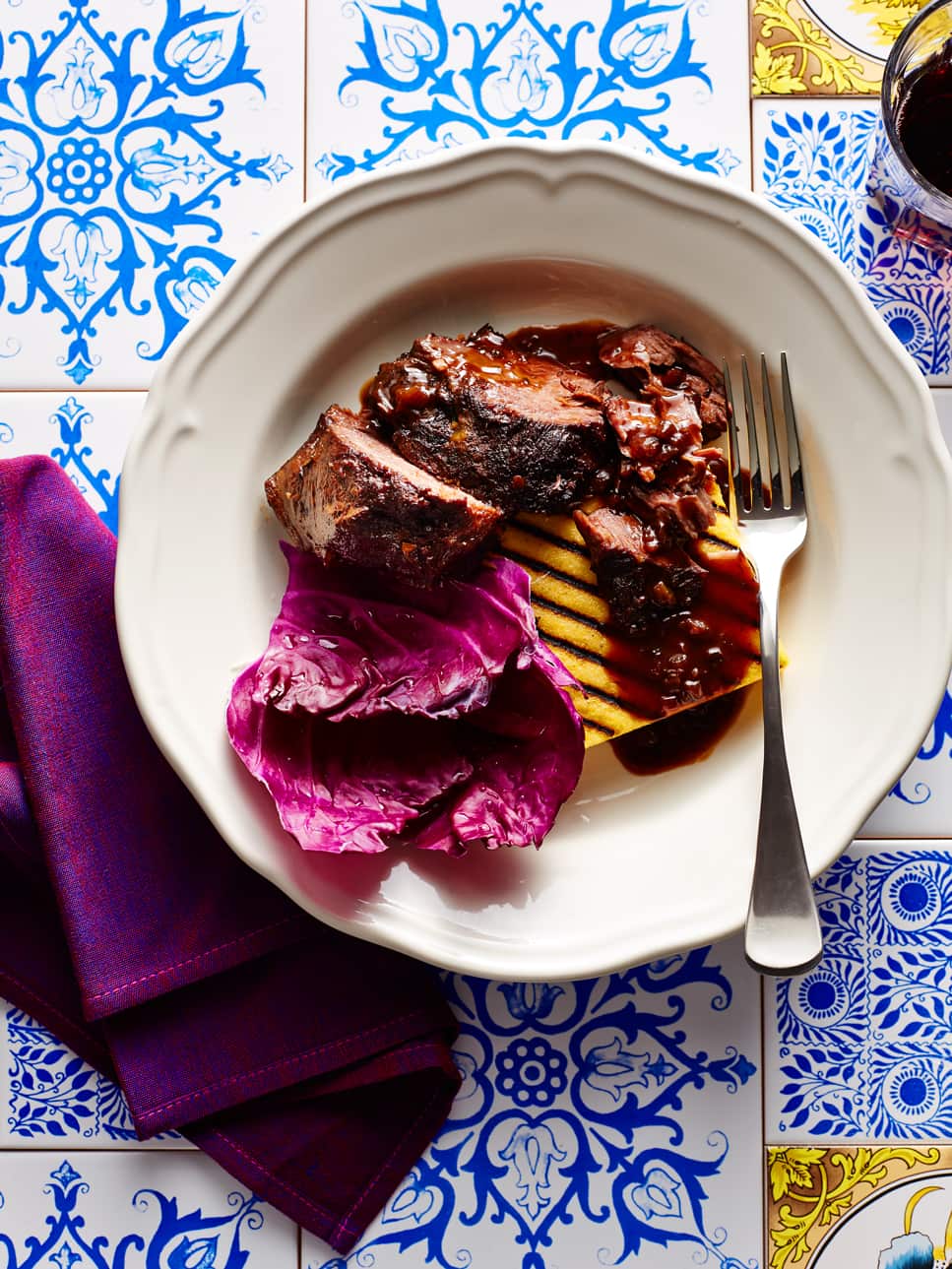 Braised veal cheeks with grilled polenta (guancia di vitello con polenta alla griglia)