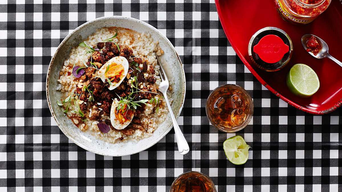 Brown rice larb congee