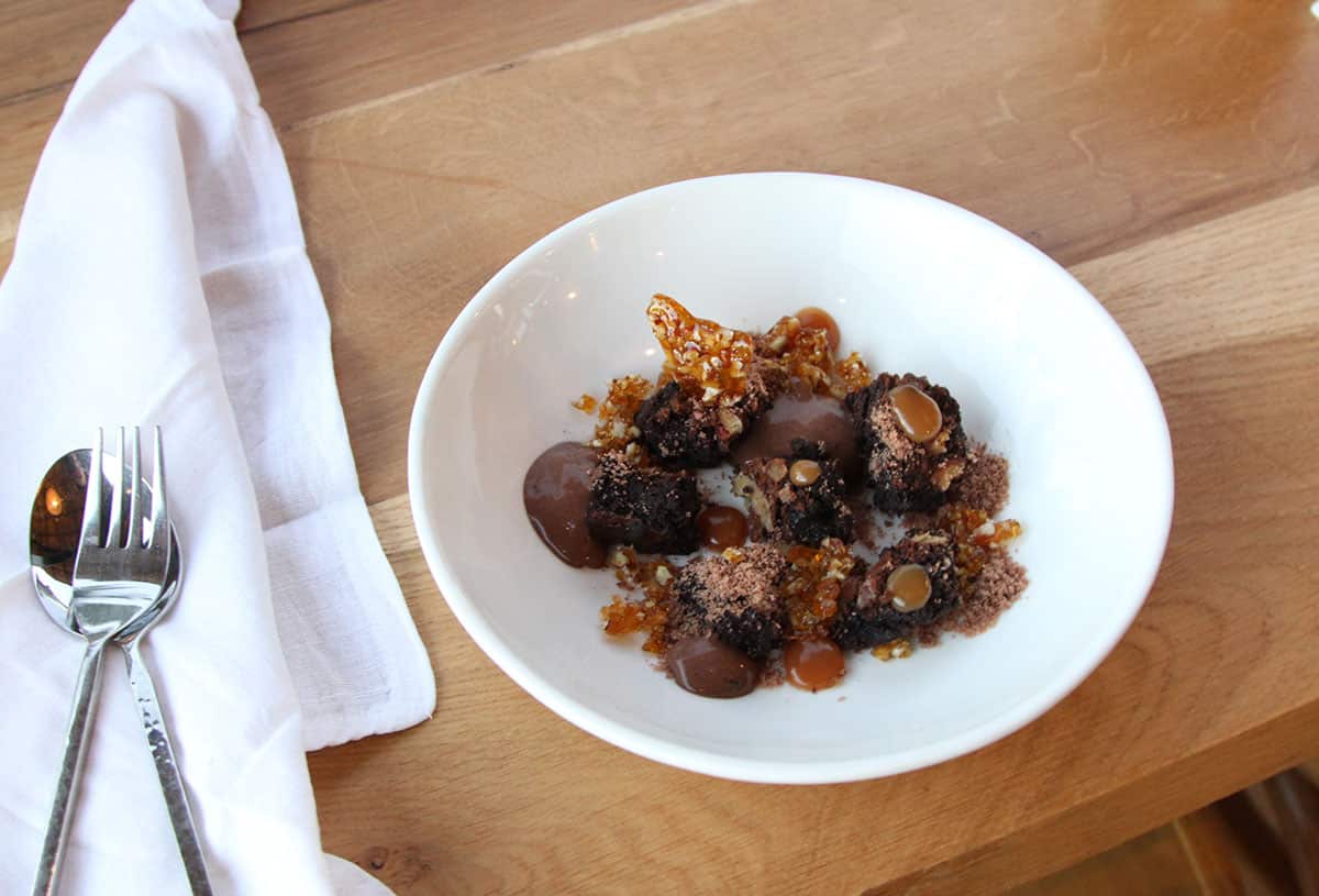 Pecan and dark chocolate brownie with salted butterscotch 