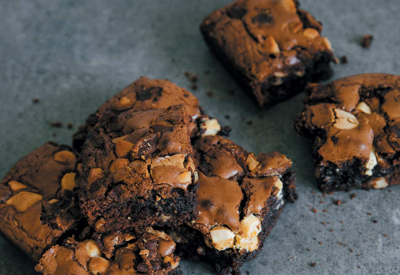 Double-choc stout, macadamia and candied bacon brownies