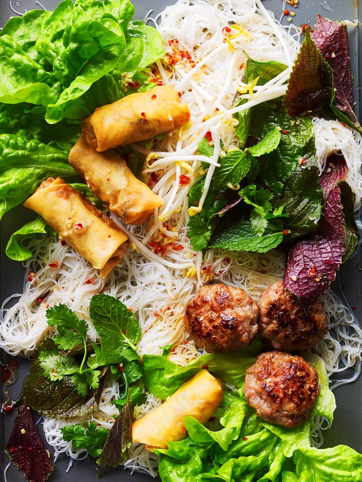 Grilled pork & spring roll noodle salad