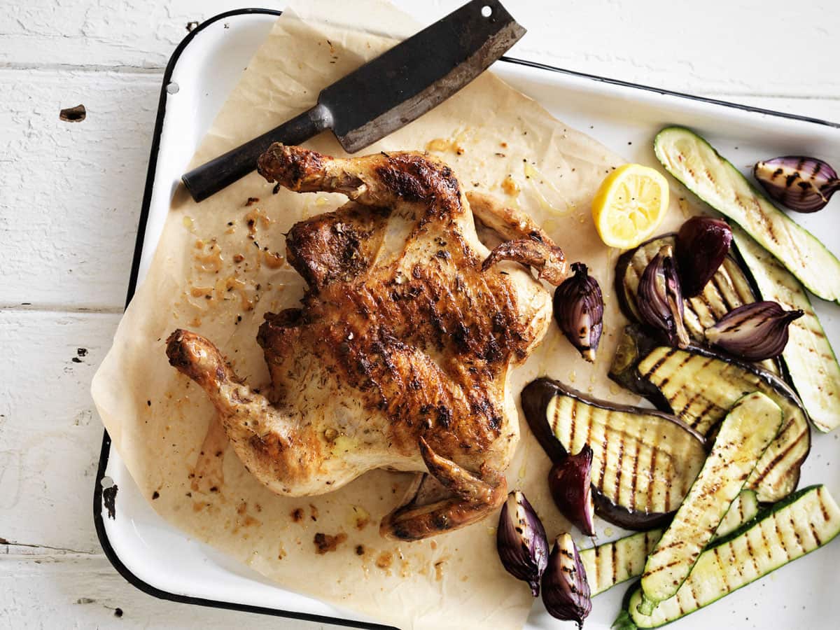 Butterflied saltbush chook with charred veg 
