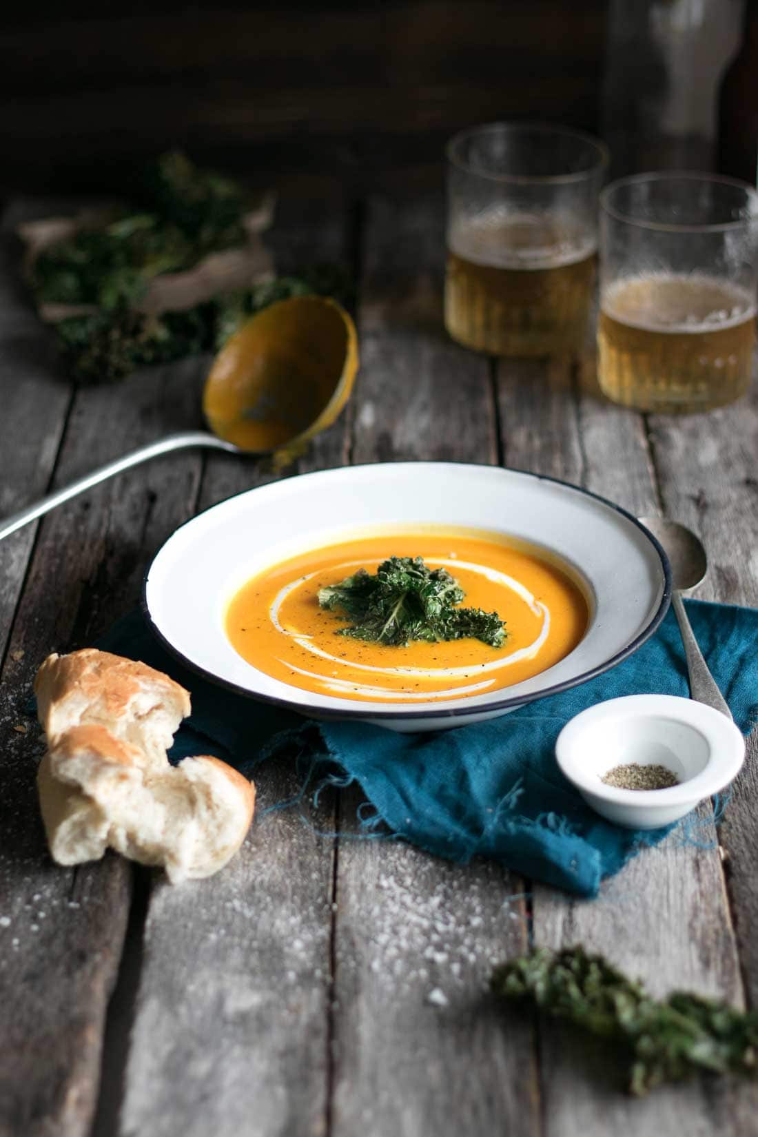 Butternut and apple soup with salt and vinegar kale chips