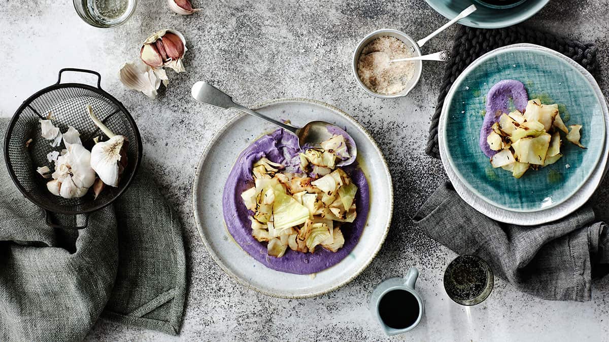 Red cabbage cream with charred green cabbage