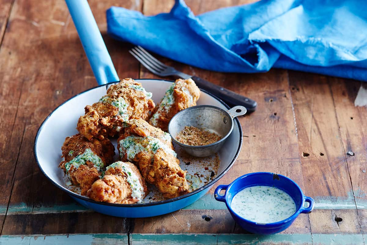 Cajun fried chicken wings with coriander dressing