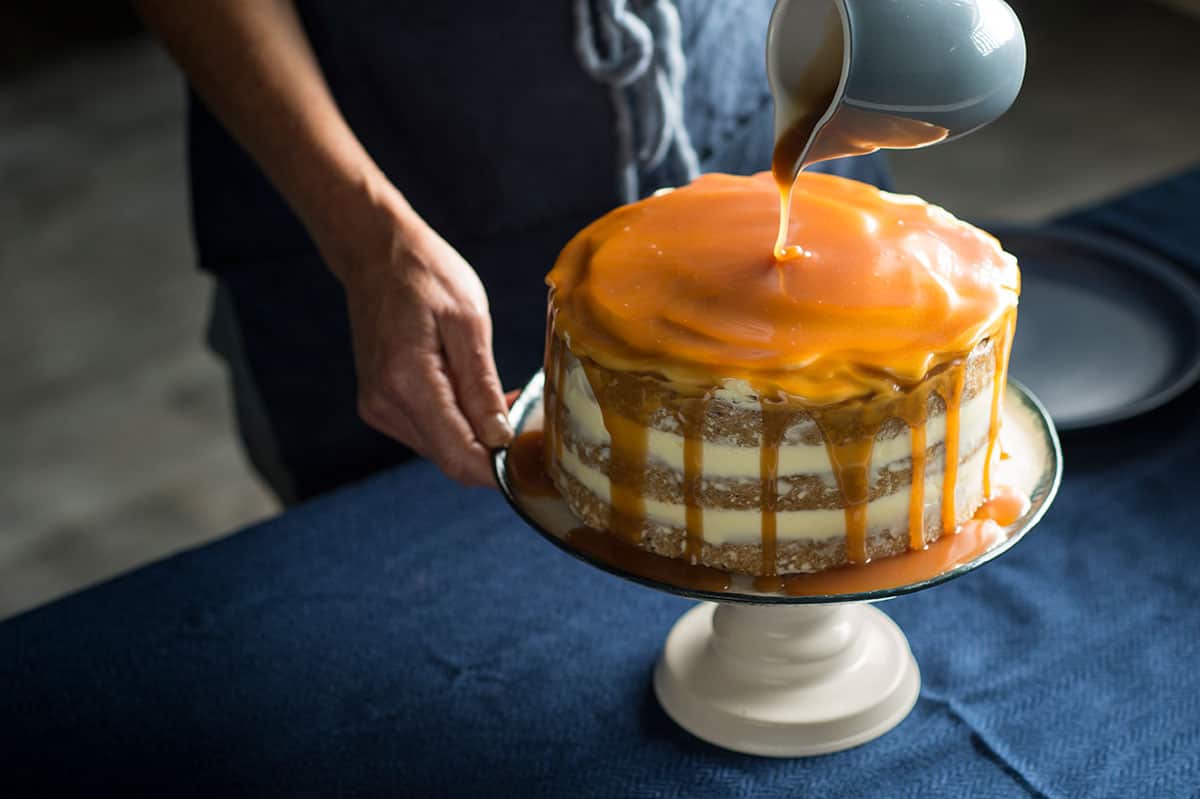 Layered banana and hazelnut cake with caramel