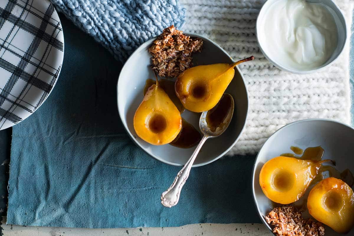Caramelised honey-roasted pears with almond seed bark