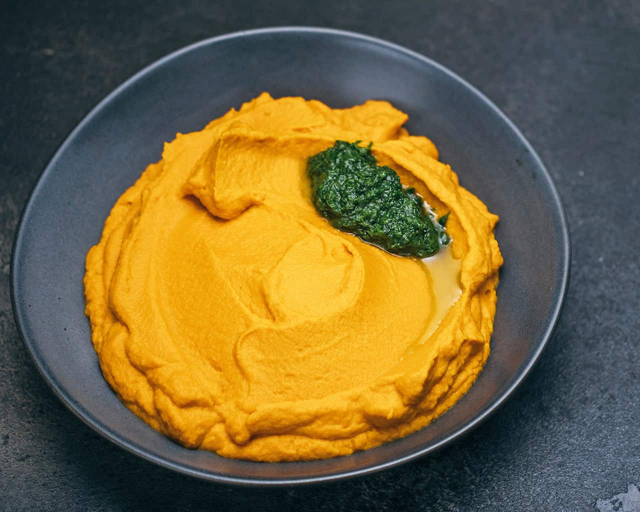 Carrot and miso puree with parsley paste