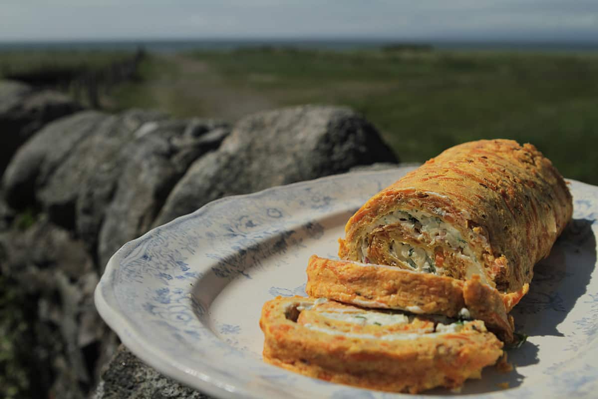 Carrot roulade with herb cream cheese filling