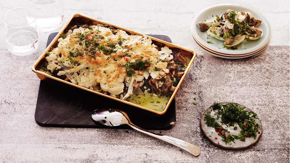 Mushroom and cauliflower gratin