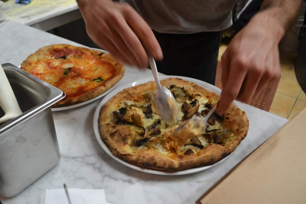 Jerusalem artichoke, fior de latte and smoked-cauliflower hummus pizza. (Michaela Morgan)